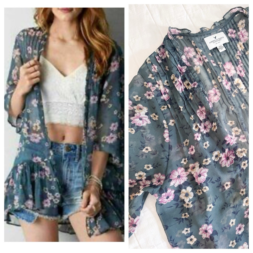 American Eagle Fall Floral Kimono Short Sleeve Sheer Open Blouse MEDIUM Cardigan